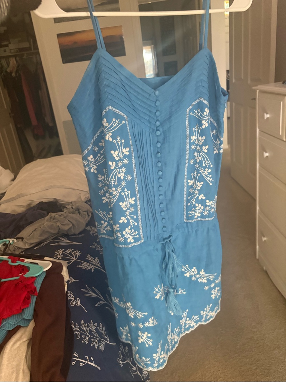 chic Blue Embroidered Mini Slip Dress